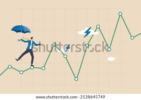 Risk and uncertainty, investment volatility or stock market and crypto currency fluctuation up and down, all weather strategy concept, businessman acrobat planning to walk on risky investment graph.