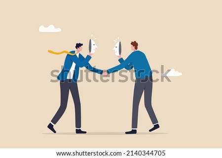 Dishonesty partnership or fake agreement, liar or suspicion fraud, betrayal or disguise deal, hidden threat ready to stab behind concept, businessmen handshake both holding mask to hide real thought. Stock foto © 
