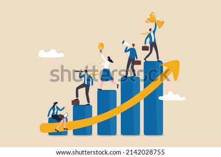 Business development plan for improvement, teamwork help growing revenue, growth and achievement, team strategy for business success concept, business people team working on improve bar graph. Сток-фото © 
