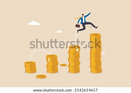 Pay raise salary increase, wages or income growth, investment profit and earning rising up, career development or wealth management concept, happy businessman jumping on rising money coin stack. Stock foto © 