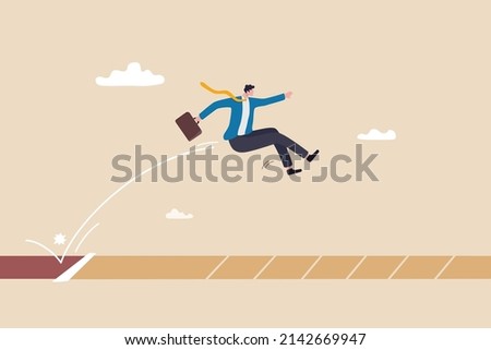 Business challenge, ambition to win competition or better than previous try, effort to achieve target or goal, overcome difficulty concept, businessman with briefcase long jump to winning new record.