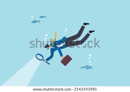 Deep dive analysis, discover business problem and improvement, research and strategy to develop and explore market and optimization, businessman scuba diving with magnifying glass in deep blue ocean.