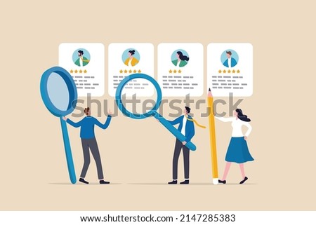 Recruitment hiring process to choose candidate to fit job position, HR Human Resources recruiting people fill in vacancy concept, business people HR with magnifier to choose choose candidate resume.