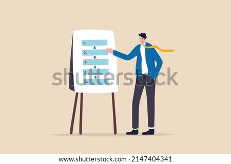 Procedure and workflow, planning process or sequence to finish project, standard or company policy, business outline to step by step, businessman leader present workflow and procedure in meeting.