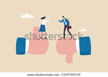 Conflict and argument between colleagues, controversy or difference opinion, disagree, confrontation or rivalry fighting concept, businessman and woman furious arguing on difference thumb up and down. Сток-фото © 