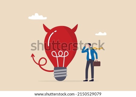 Bad idea cause problem and failure, stupid mistake or poor idea, disappointment from rejected, evil and negative opinion concept, confused businessman looking at devil lightbulb doubting it bad idea.