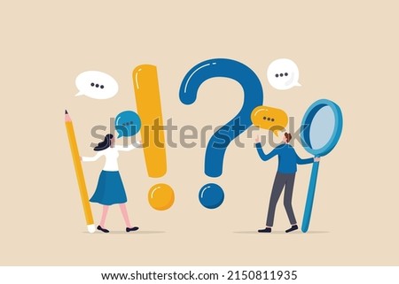 Question and answer, FAQ, frequently asked questions or problem solving, solution or support idea concept, businessman and woman with exclamation mark, question mark with speech bubble conversation. Foto stock © 