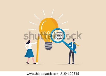 Business viability checking, feasibility study by market research to see possibility to success in real world, evaluate profitable of business idea, businessman with magnifier analyze lightbulb idea.