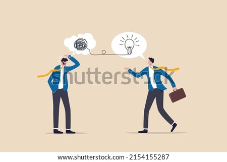 Problem solving skill to think of solution, creativity to solve difficult issue, resolution or coaching to help trouble, confused businessman with messy thinking with other giving lightbulb solution. Foto d'archivio © 