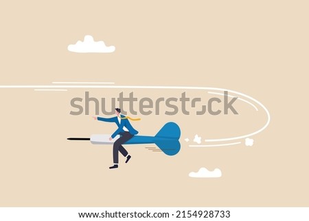 Change business direction, leadership decision to change to success, turning point or different way to reach target concept, confident businessman riding dart changing direction to the right target.