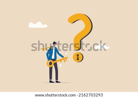 Key to unlock answer for problem and questions, solution or reason to solve problem, wisdom or understanding concept, smart businessman holding golden key to unlock keyhole on question mark sign.