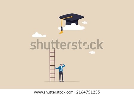 Education cost, expensive school or university cost, education gap or scholarship opportunity concept, poor man with too short ladder to climb to reach high graduated mortarboard on the cloud.