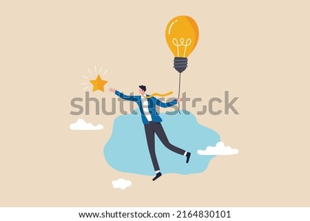 Creativity or innovation to help reach business goal, lightbulb idea to success, leadership to get solution to achieve goal, smart businessman flying with lightbulb idea to catch star in the sky. Foto stock © 