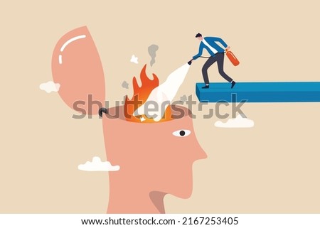 Therapy to cool down burning mind or anger, reduce burnout or mental illness, depression, cure anxiety and stress concept, man with fire extinguisher try to extinguish burning fire on human head.