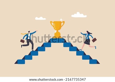 Business competition, employee motivation to success, rivalry or conflict, contest or challenge to achieve target, effort concept, businessman and businesswoman walk up stair compete to win trophy. Stock foto © 