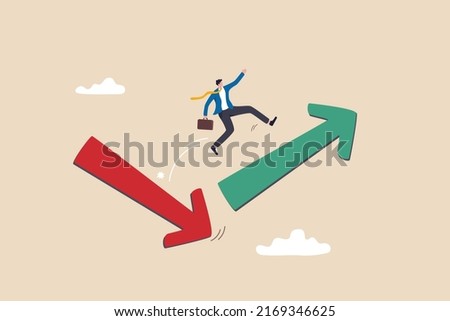 Economic and investment improvement or recover from crisis, stock market or crypto uncertainty, change from down turn to rising up concept, businessman investor jumping from red to rising up arrow.