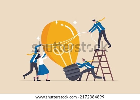 Brainstorming for new idea, teamwork collaboration for business development, innovation to get solution or creativity for business mission concept, business team people help stand the lightbulb idea.