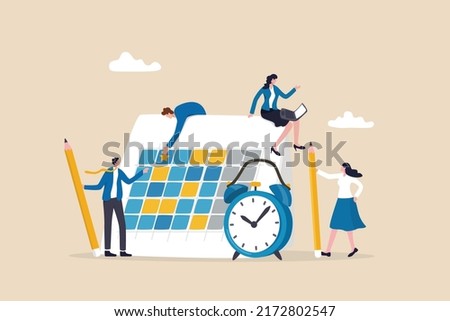 Schedule calendar, team meeting or appointment, project planning or time reminder, manage timeline concept, businessman and businesswoman working on calendar planner to schedule and organize work.