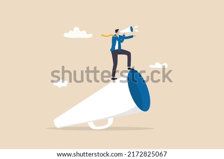 Leader communication, executive management skill to communicate with employee, send important message or announcement concept, businessman leader standing on big megaphone giving speech to public.