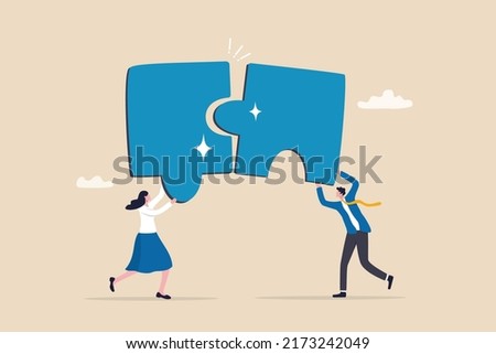 Partnership working together for success, friendship or connection to help solve problem, teamwork or unity to cooperate and overcome challenge, businessman and woman partner connect jigsaw puzzle. Foto stock © 