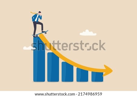 Prepare for economic down fall, collapse recession or financial crisis causing stock and crypto market to fall down concept, thoughtful businessman with skate board prepare to run down financial graph