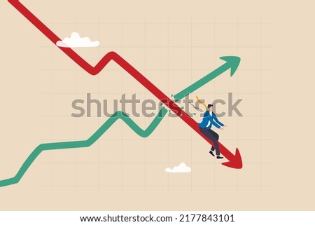 Stagflation, economic slow down or recession while inflation high up, GDP growth decrease causing by unemployment concept, fearful businessman riding fall down economic graph with inflation high up.