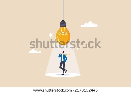Innovation, creativity or imagination for business success, thinking about idea, solution to solve problem or brainstorm concept, smart businessman thinking under inspired bright light bulb. ストックフォト © 