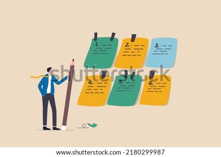 Category or prioritize work for project management, sorting important or urgency tasks, organize and plan for business success, kind or type concept, businessman with pencil categorized sticky notes.