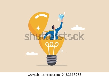 Business value, discover opportunity or benefit from idea, quality measurement or search for brilliant idea worth concept, businessman discover valuable priceless diamond from bright lightbulb idea.