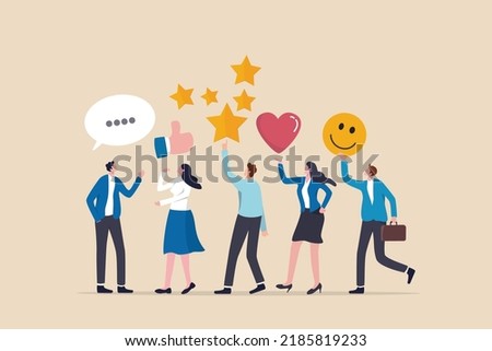 Customer feedback, user experience or client satisfaction, opinion for product and services, review rating or evaluation concept, young adult people giving emoticon feedback such as stars, thumbs up.