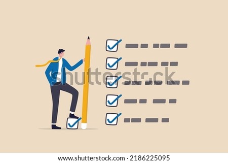 Getting things done, completed tasks or business accomplishment, finished checklist, achievement or project progression concept, businessman expert holding pencil tick all completed task checkbox.
