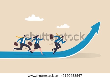 Growth strategy, career path development or growing business, employee training or improvement, job promotion concept, businessman people employees running on career path arrow in rising up direction.