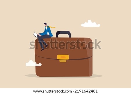 Work experience, expertise or professional employee, specialist skill, occupation or administrator work, wisdom or employment concept, confidence businessman working with computer laptop on briefcase.