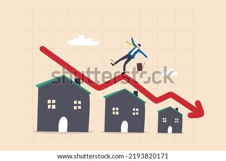 Housing price falling down, real estate and property crash, value drop or decline, home loan or mortgage risk concept, businessman investor home owner falling on decline falling down housing graph. Foto stock © 