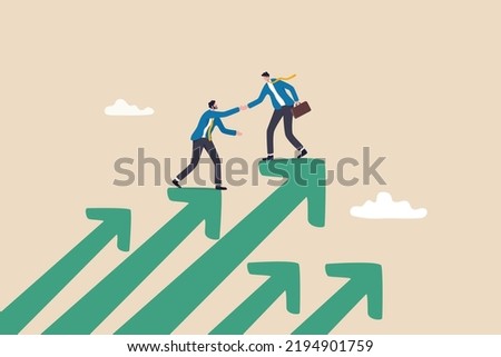 Business mentor, coaching or consult to help success, leadership or support to grow business or career, advice and trust to help improve, businessman mentor help coworker to climb growth arrow chart.