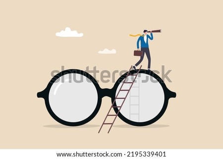 Clear business vision, clarity or transparency, discover way to success or looking for business opportunity, precision or accuracy concept, businessman climb up big eyeglasses see vision on telescope.