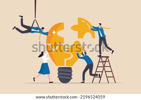 Team building, team collaboration for business idea, teamwork to solve problem, participate to work together for success concept, businessmen and businesswomen team up to solve lightbulb jigsaw. Foto stock © 