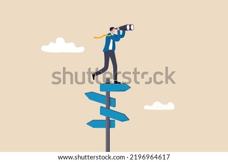 Search for right direction, business opportunity or success way, make decision or career path, vision to see future concept, smart businessman look through spyglass or binoculars to discover solution.