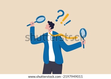 Observation or examination, curiosity to discover secret, search or analyze information, investigate or research concept, curious businessman holding magnifying glass observe data with question mark.