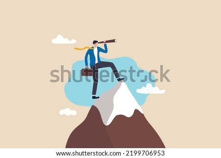 Visionary, look to see future or search for opportunity, finding way to success or discover new job or career, challenge or mission concept, businessman look through telescope to see business vision.