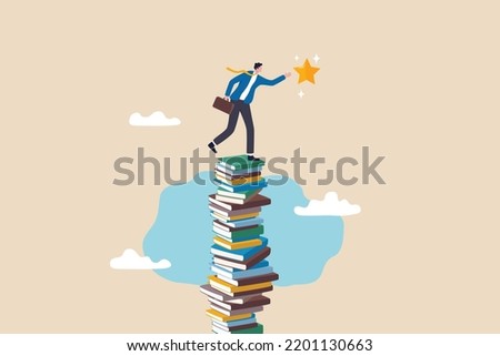 Learning or study help reach goal and success, knowledge and education for business challenge, motivation or ambition to learn new skill concept, smart businessman climb book stack to reach goal.
