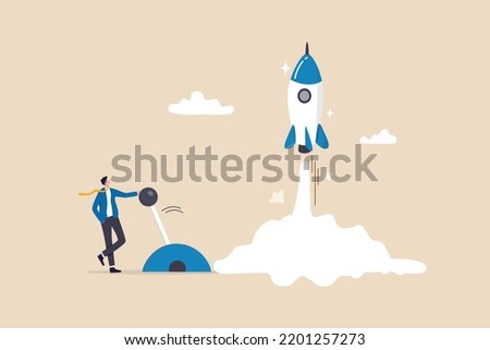 Start your own business, launch success rocket or entrepreneur, startup project or boost company growth, invention concept, ambitious businessman entrepreneur push switch to launch rocket into sky.