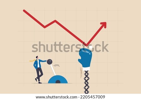 Game changer strategy to improve or rising up, stock market rebound or solution for economic recover from recession concept, businessman push switch to change direction from falling down to rising up.