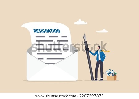 Professional write resignation letter to quit job or inform to leave company, change new job or notify boss, manager of dismissal concept, businessman professional with pen writing resignation email.