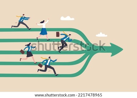 Collaboration or working together to achieve target, leadership to drive team success, teamwork or unity to win business concept, business people running their way to fuse in one strong direction.