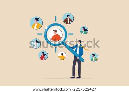 Customer centric marketing strategy to design product and service, UX user experience , advertising focused group concept, businessman with magnifying glass focus on customer, users or people.