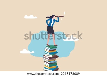 Book or education to help career advancement, knowledge or wisdom for business visionary, leadership or opportunity concept, confidence businesswoman leader on high books stack look through telescope.