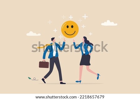 Employee happiness, job satisfaction or company benefit, happy workplace or positive attitude, work motivation concept, happy businessman and woman holding smiling face symbol in joyful workplace.