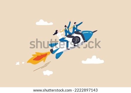 Team direction, leadership to guide team to success, boost team productivity or innovation to succeed, partnership or success startup concept, business people riding rocket, leader pointing direction.