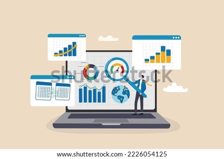 Market research data analysis, analyze business data or financial report, SEO analytics or profit and earning concept, businessman analyst with magnifier analyze data on computer laptop dashboard.